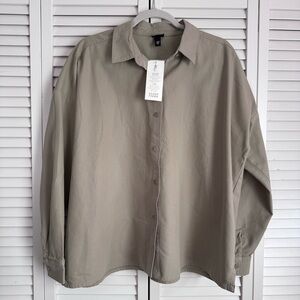 Eileen Fisher Cotton Canvas Oversized Boxy Long Sleeve Shirt Oatmeal Medium NWT